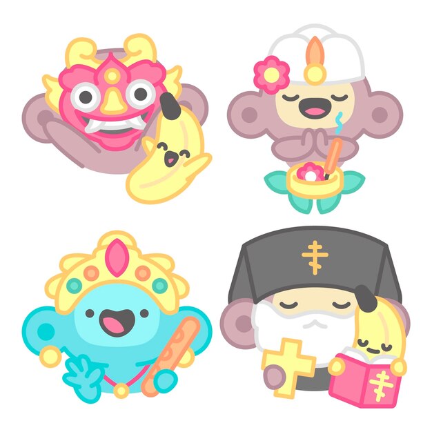 Colección de stickers religiosos con mono y plátano.