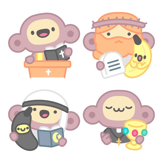 Colección de stickers religiosos con mono y plátano.