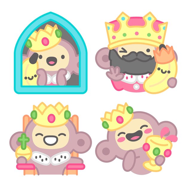 Colección de stickers de reyes con mono y plátano.