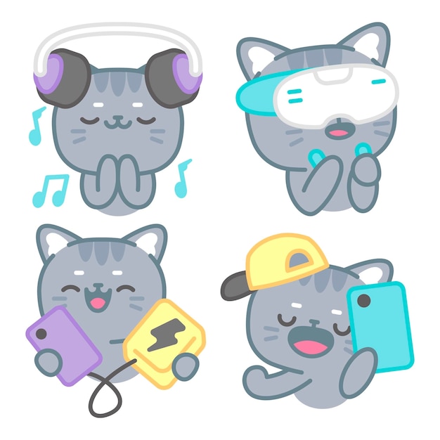 Colección de stickers tecnológicos con tomomi el gato