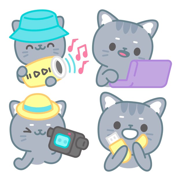 Colección de stickers tecnológicos con tomomi el gato