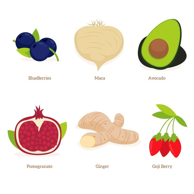 Colección de superalimentos de frutas y verduras