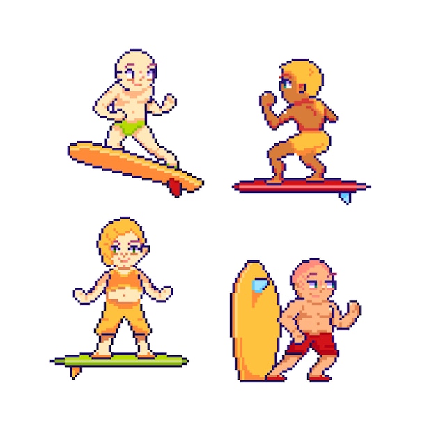 Vector gratuito colección de surfistas de pixel arts planos