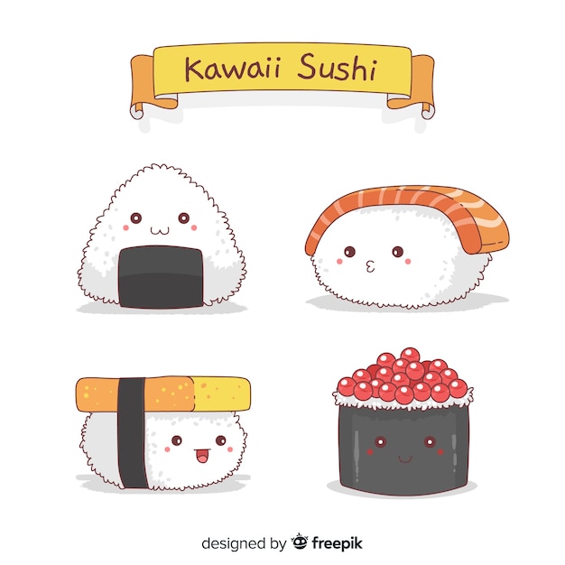 Colección sushi adorable dibujado a mano
