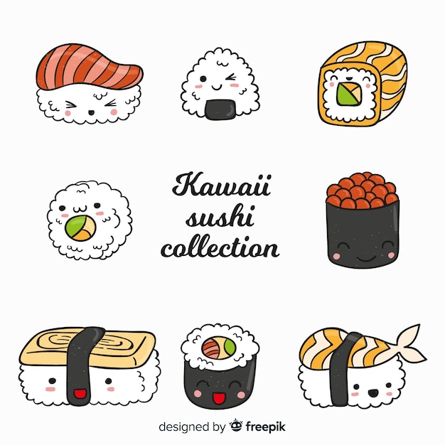 Vector gratuito colección sushi adorable dibujado a mano