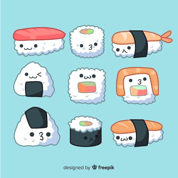 Colección sushi adorable dibujado a mano