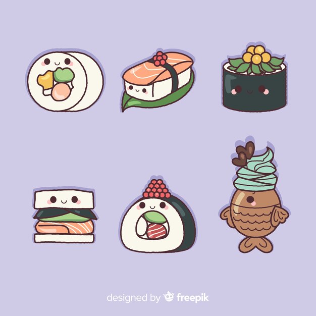 Colección sushi adorable dibujado a mano