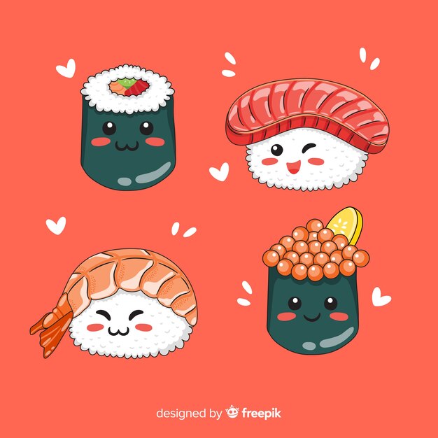 Colección sushi adorable dibujado a mano