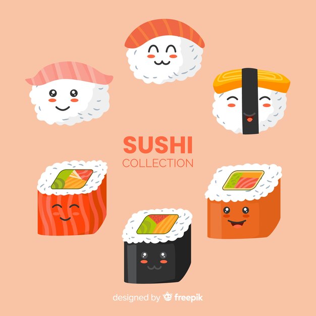 Colección sushi adorable dibujado a mano