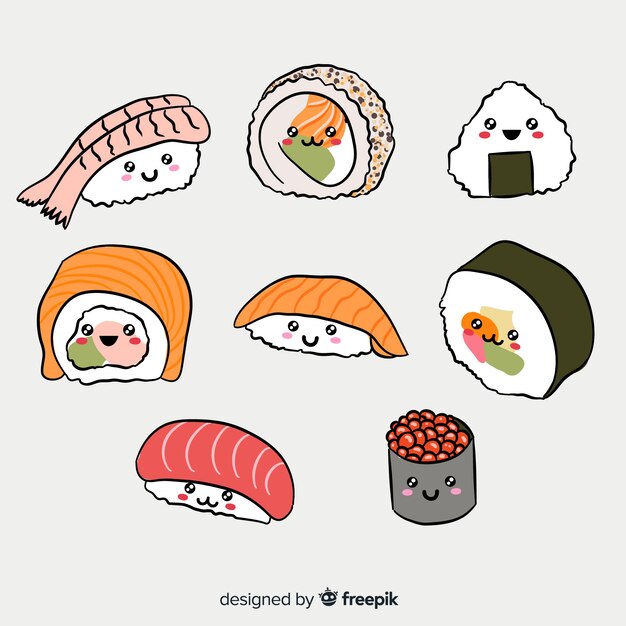 Colección sushi adorable dibujado a mano