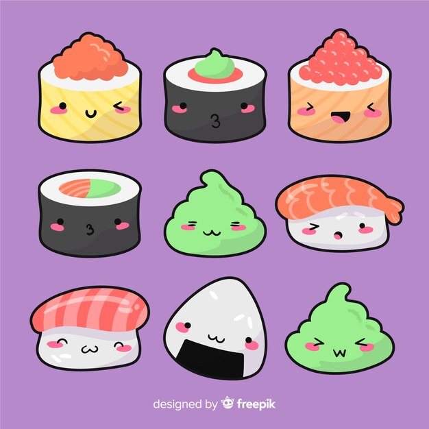 Colección sushi adorable dibujado a mano