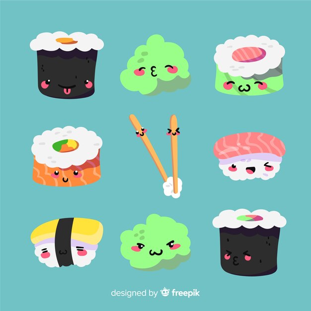 Colección sushi adorable dibujado a mano