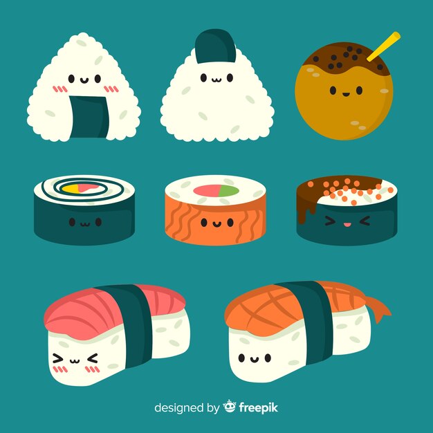 Colección sushi adorable dibujado a mano