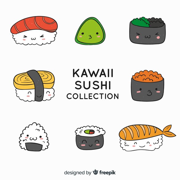 Colección sushi kawaii dibujada a mano
