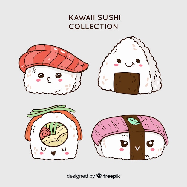 Colección sushi kawaii dibujada a mano