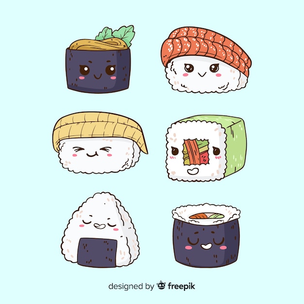 Colección sushi kawaii dibujada a mano