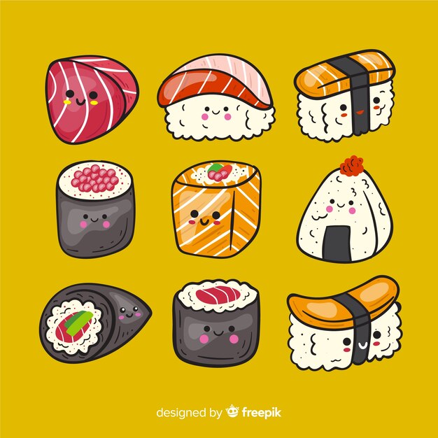Colección sushi kawaii dibujada a mano