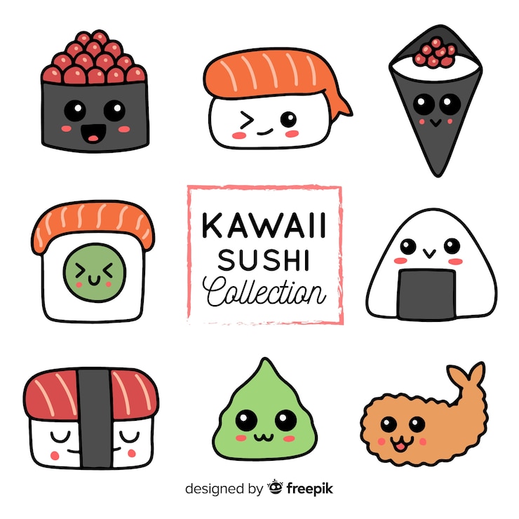 Vector gratuito colección sushi kawaii dibujada a mano