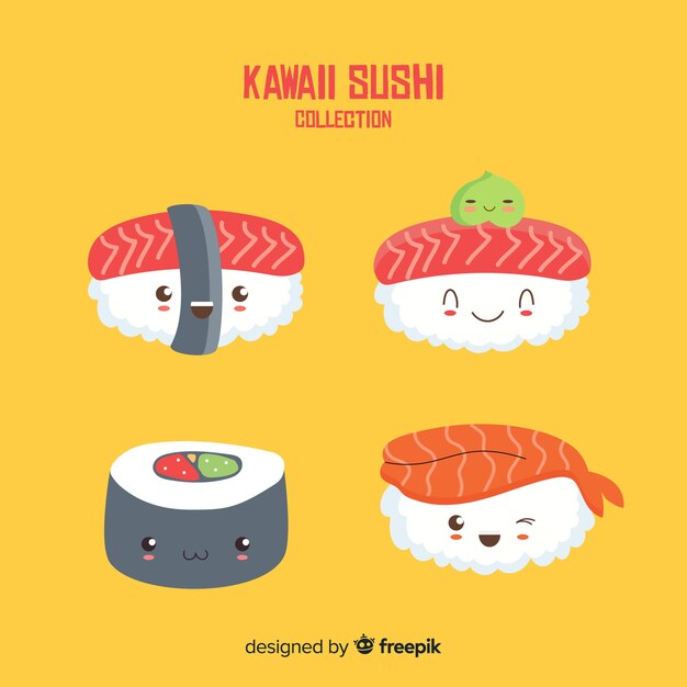 Colección sushi kawaii dibujada a mano