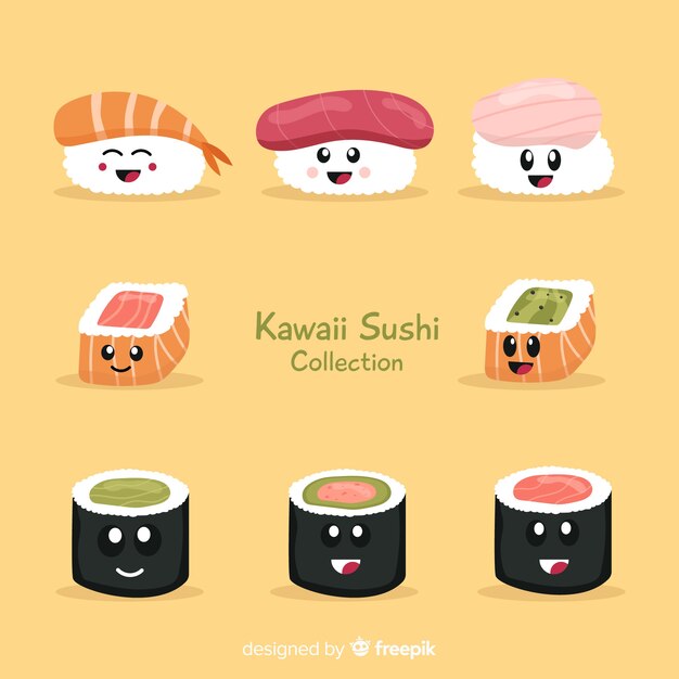 Colección sushi kawaii dibujado a mano