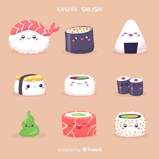 Colección sushi kawaii dibujado a mano