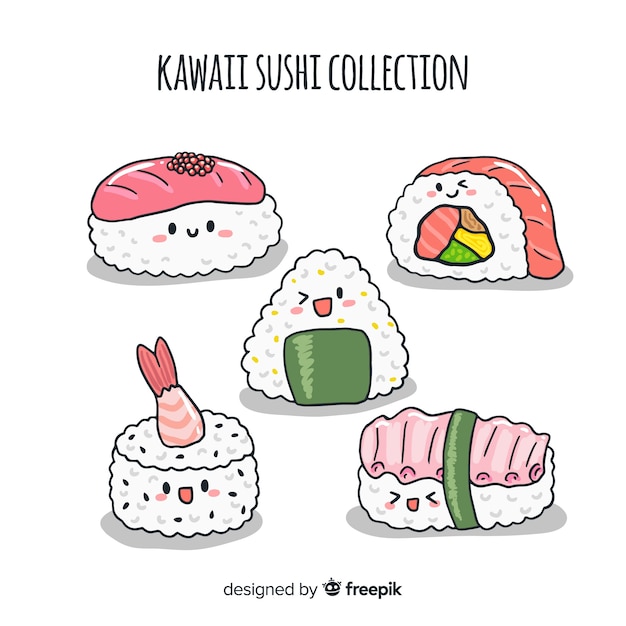 Colección sushi kawaii dibujados a mano