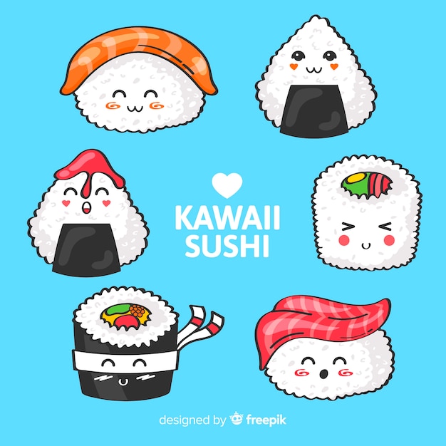 Colección sushi kawaii dibujados a mano