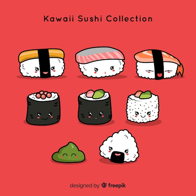 Colección sushi kawaii dibujados a mano