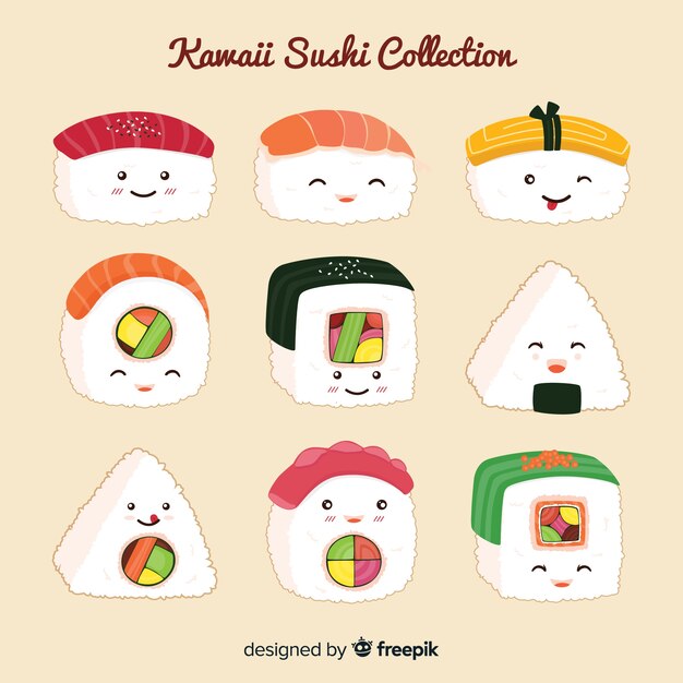 Colección sushi kawaii sonriente dibujado a mano