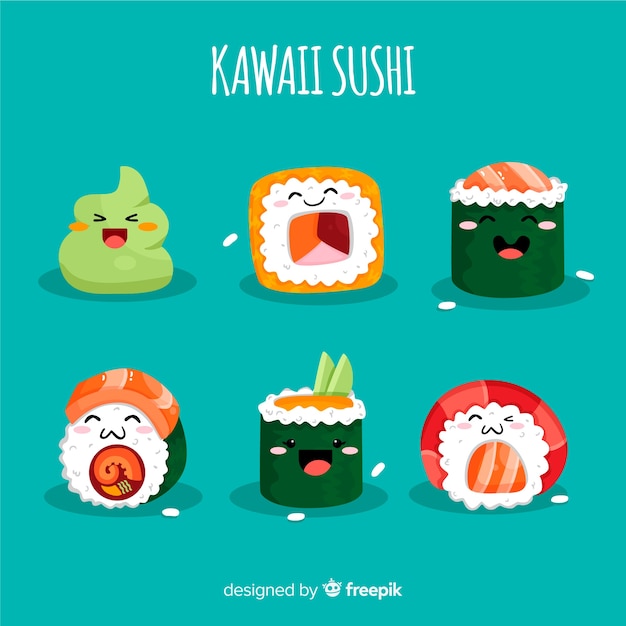 Vector gratuito colección sushi kawaii sonriente dibujado a mano