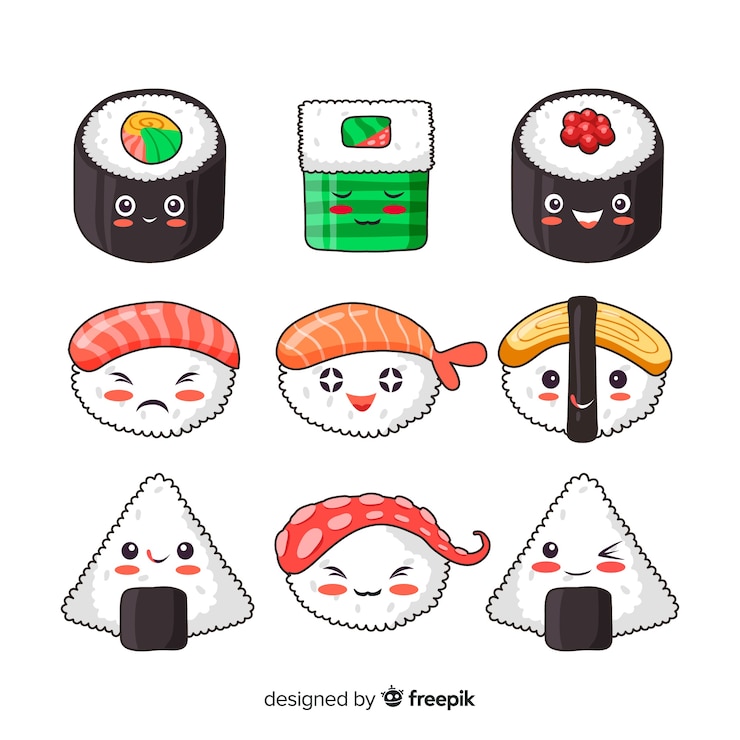 Vector gratuito colección sushi kawaii sonriente dibujado a mano