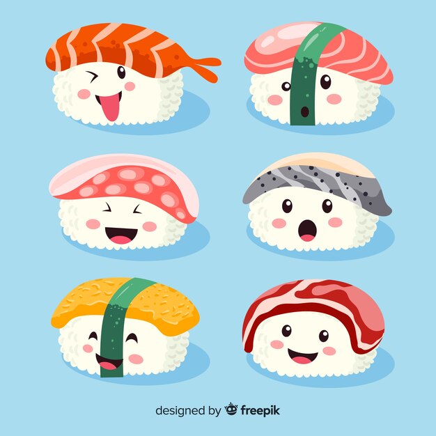 Colección sushi kawaii sonriente dibujado a mano