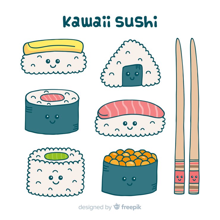 Vector gratuito la colección de sushi de kawaii