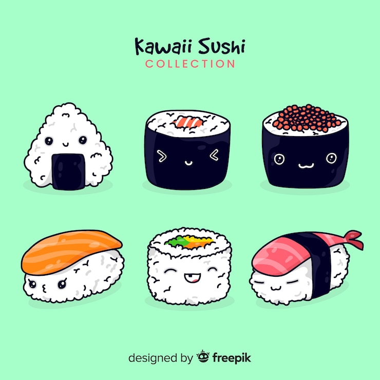 Vector gratuito la colección de sushi de kawaii