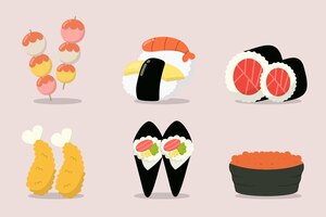 Vector gratuito colección de sushi set comida japonesa dibujada a mano varias ilustraciones de vectores de alimentos populares