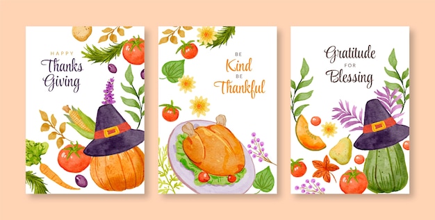 Colección de tarjetas de acción de gracias en acuarela de acción de gracias
