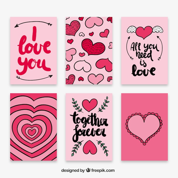 Colección de tarjetas de amor rosa dibujadas a mano