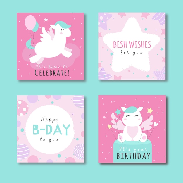 Colección de tarjetas con animales en fiesta de cumpleaños.