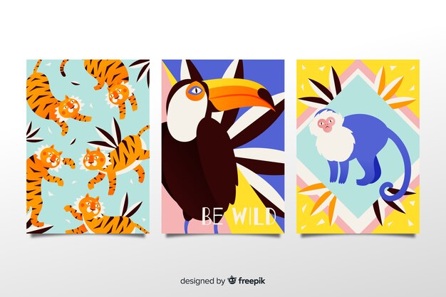 Colección tarjetas animales salvajes dibujadas a mano