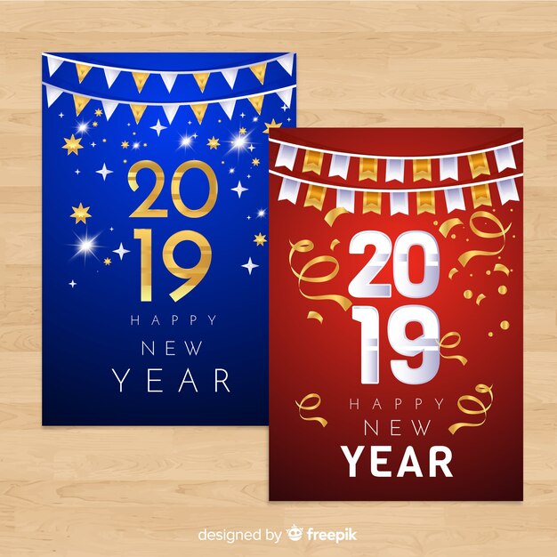 Colección de tarjetas de año nuevo 2019 doradas y plateadas