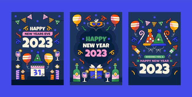 Colección de tarjetas de año nuevo 2023 dibujadas a mano