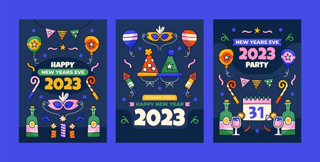 Colección de tarjetas de año nuevo 2023 dibujadas a mano