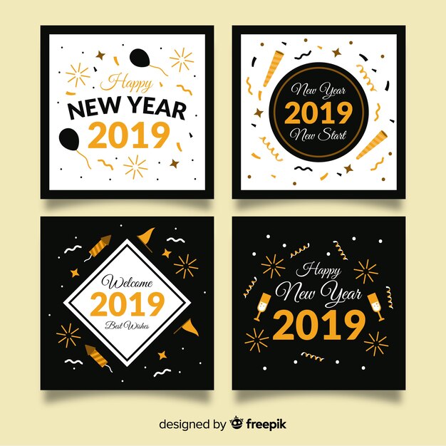 Colección de tarjetas de año nuevo con estilo dorado