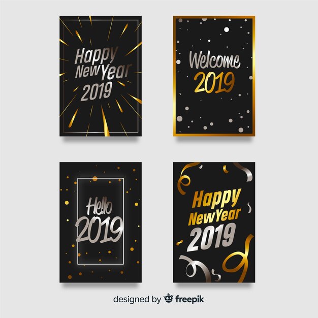 Colección tarjetas año nuevo plateadas y doradas