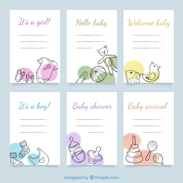 Vector gratuito colección de tarjetas de bebé en estilo hecho a mano