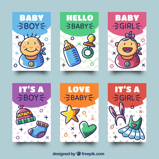 Colección de tarjetas de bebé con ropa y juguetes
