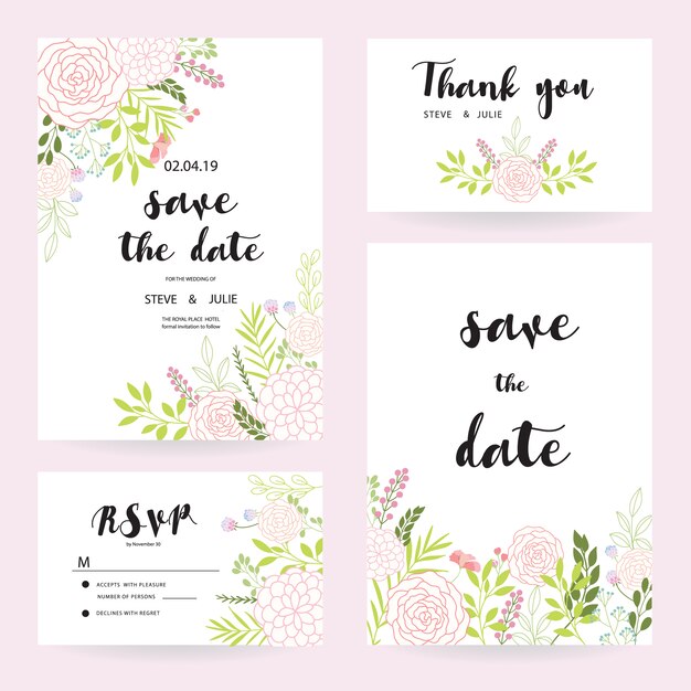Colección de tarjetas de boda blancas con flores