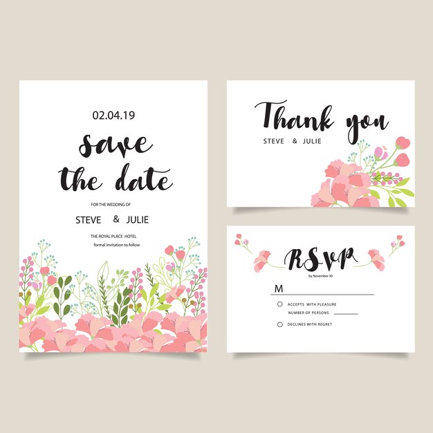 Colección de tarjetas de boda con flores rosas 