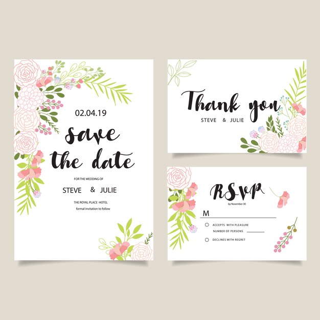 Colección de tarjetas de boda con flores