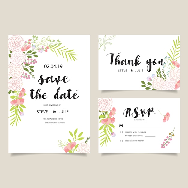 Colección de tarjetas de boda con flores